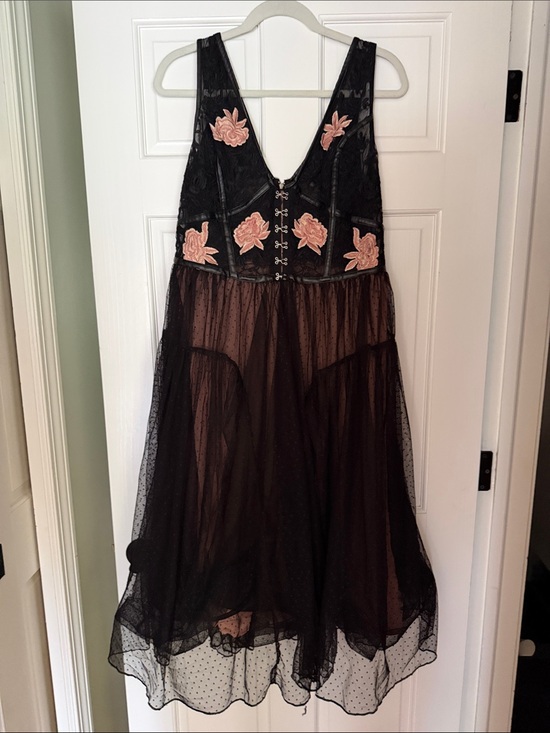 Anthropologie Dresses & Skirts - Anthropologie Black Sheer Polka Dot Midi Dress with Blush Floral Appliqué